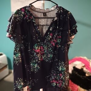 SHEIN Navy Floral Ruffle Blouse